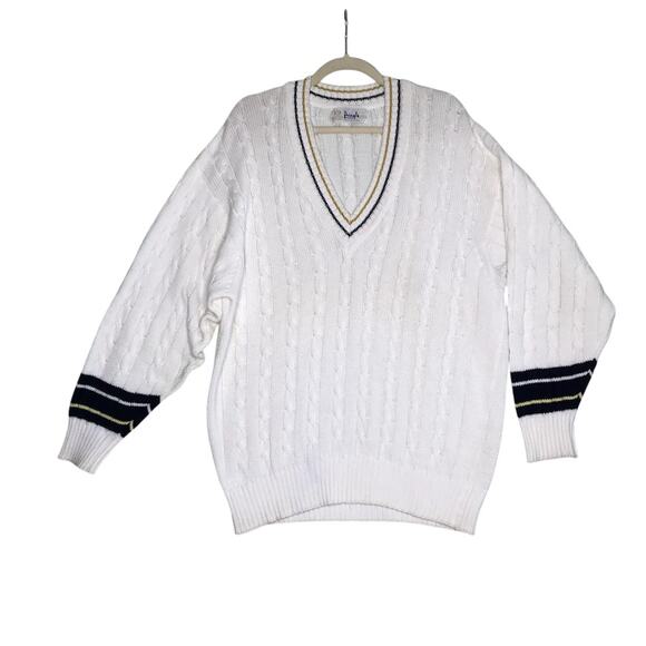 PRINGLE Of Scotland V-Neck Fisherman Sweater Sz S Ivory Golf Tennis Timeless EUC - Picture 1 of 9